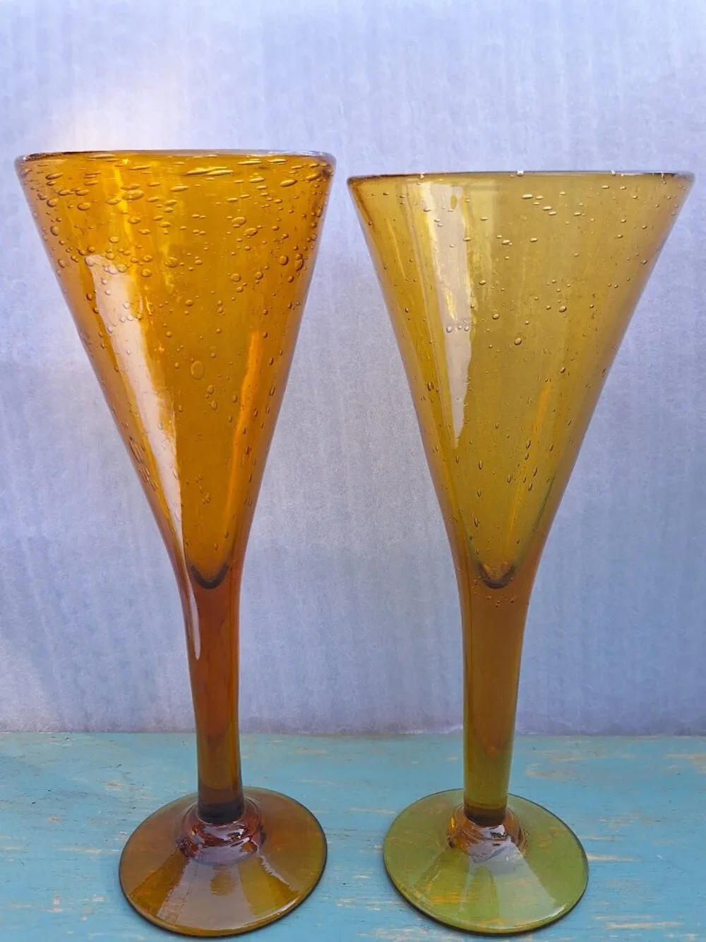 Vintage Wine Goblets Bubbles Hand Blown Glass Gold Bronze Color Pair His and Her - Picture 5 of 16